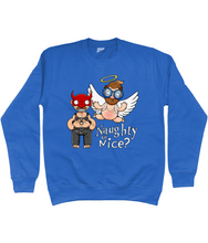 Load image into Gallery viewer, A gay man dressed in leather trousers and a harness and a devil mask along with a naked angel in blue glasses flying to his side with the words Naughty or Nice below
