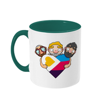 Load image into Gallery viewer, The new polyamory flag in heart shape being hugged by three men in a gay throuple relationship
