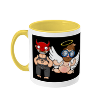 Load image into Gallery viewer, A gay man dressed in leather trousers and a harness and a devil mask along with a naked angel in blue glasses flying to his side
