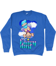 Load image into Gallery viewer, A male fairy with blue hair carrying a bald man by his briefs as they fly through the sky with the words Powered by Fairy Dust beneath
