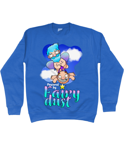 A male fairy with blue hair carrying a bald man by his briefs as they fly through the sky with the words Powered by Fairy Dust beneath