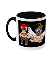Load image into Gallery viewer, A gay man dressed in leather trousers and a harness and a devil mask along with a naked angel in blue glasses flying to his side
