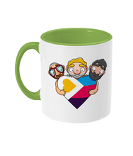 Load image into Gallery viewer, The new polyamory flag in heart shape being hugged by three men in a gay throuple relationship
