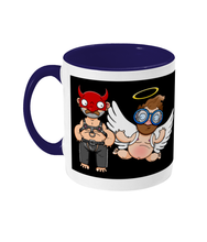 Load image into Gallery viewer, A gay man dressed in leather trousers and a harness and a devil mask along with a naked angel in blue glasses flying to his side
