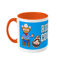 Load image into Gallery viewer, A gay cowboy wearing checked shirt, jeans, chaps and a cowboy hat standing next to a naked man hog tied with red rope.

