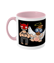 Load image into Gallery viewer, A gay man dressed in leather trousers and a harness and a devil mask along with a naked angel in blue glasses flying to his side
