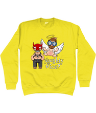 Load image into Gallery viewer, A gay man dressed in leather trousers and a harness and a devil mask along with a naked angel in blue glasses flying to his side with the words Naughty or Nice below
