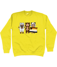 Load image into Gallery viewer, Three cute gay hunks in their bear onesies celebrating with their Bear Pride flag
