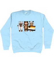 Load image into Gallery viewer, Three cute gay hunks in their bear onesies celebrating with their Bear Pride flag
